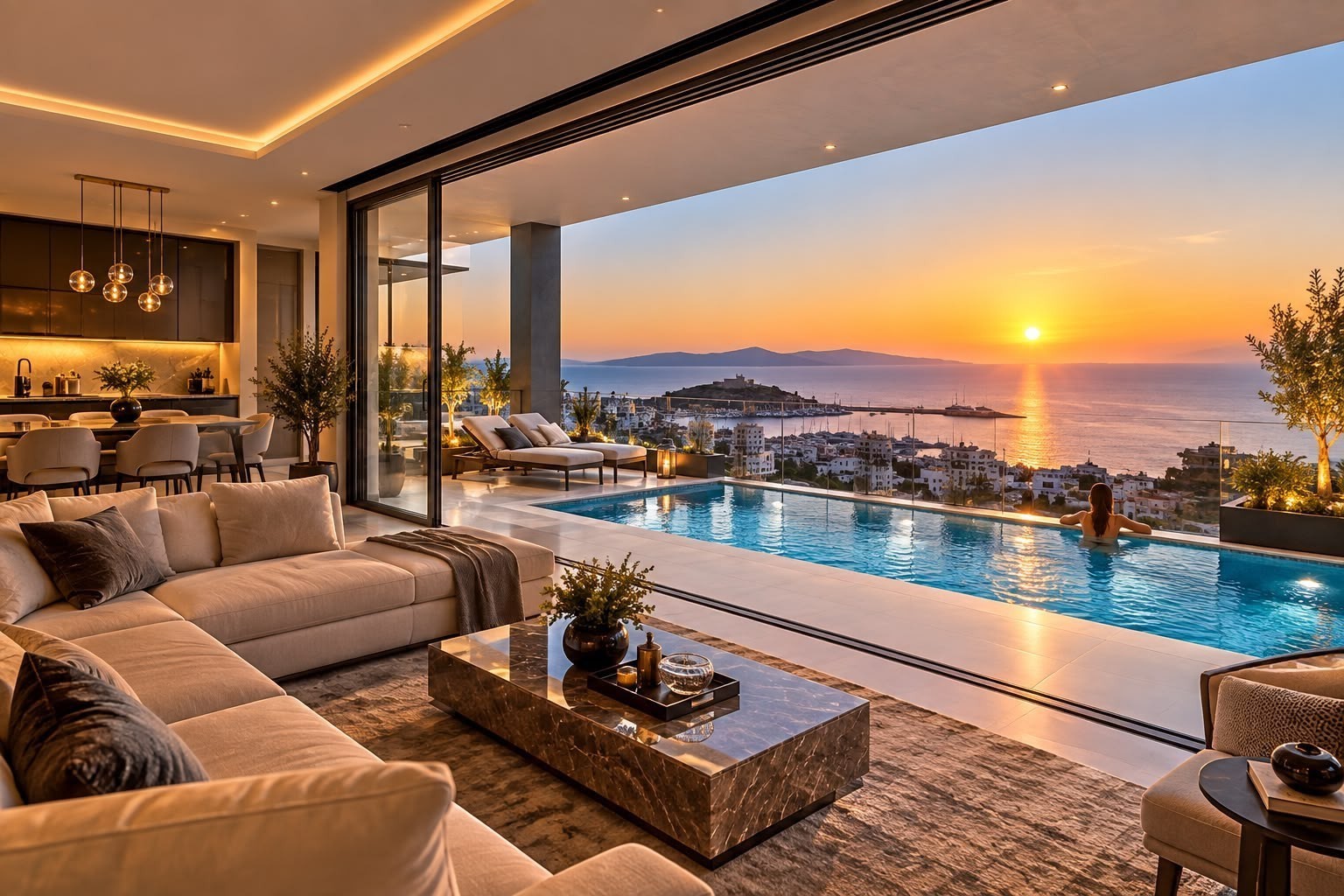 Appartements en centre-ville avec vue sur la mer et piscine privée.